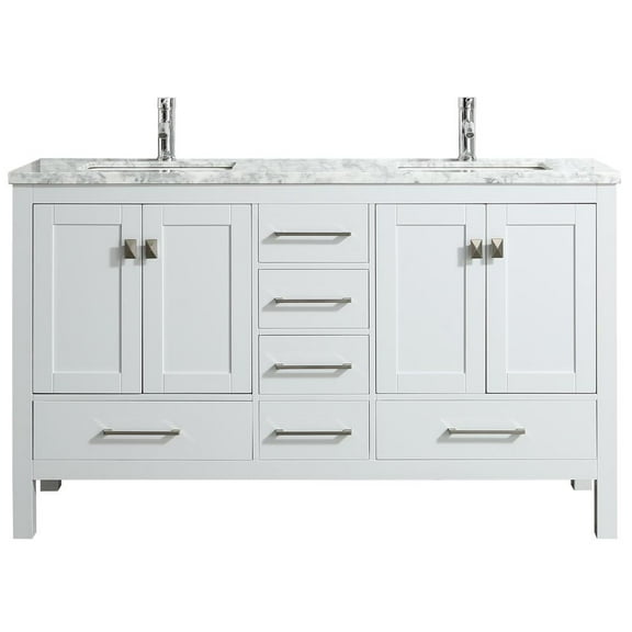 Eviva London 60" Transitional White Bathroom Vanity with White Carrara Marble and Double Porcelain Sinks