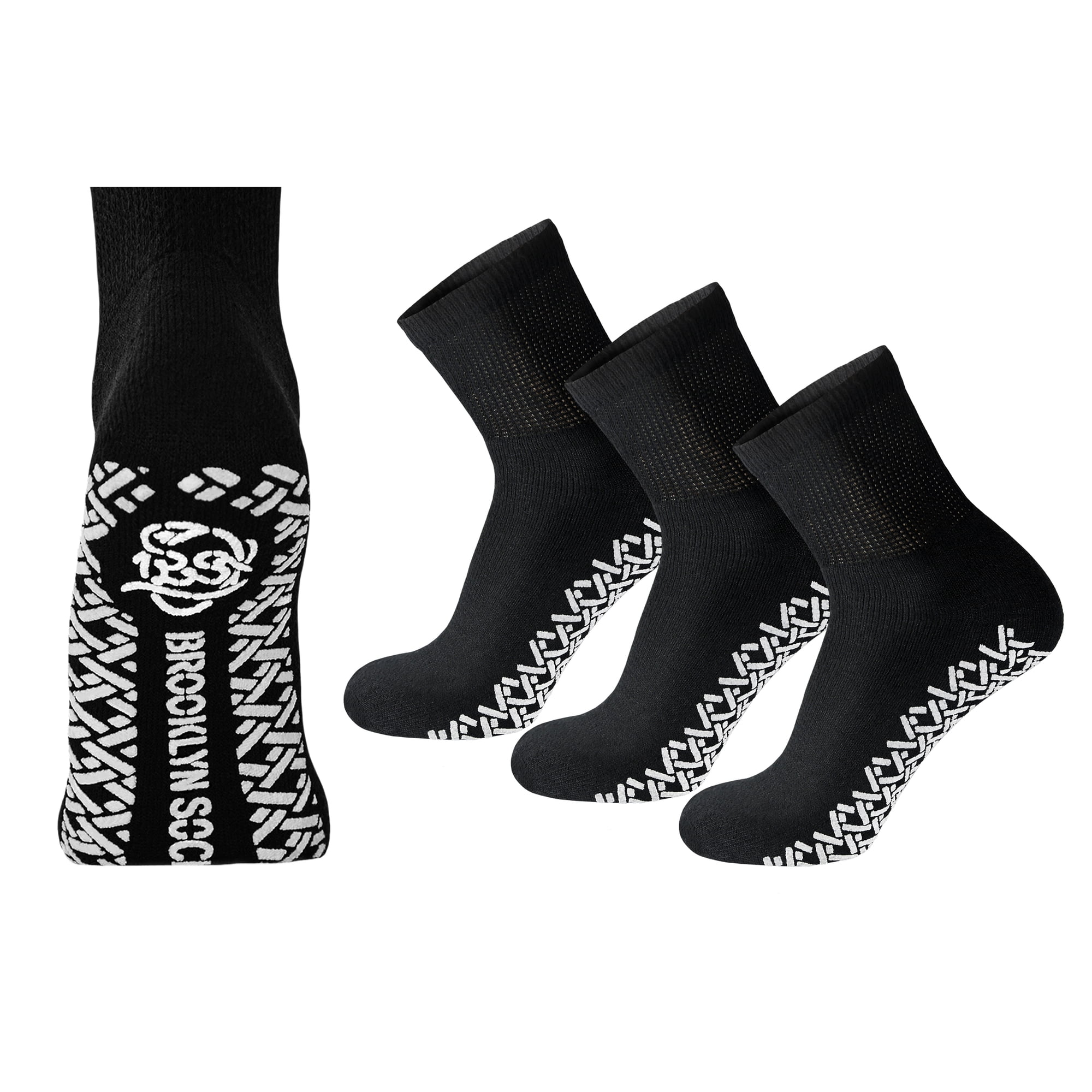 3 Pairs of Non-Skid Diabetic Cotton Quarter Socks with Non Binding Top (Black, Sock Size 10-13)