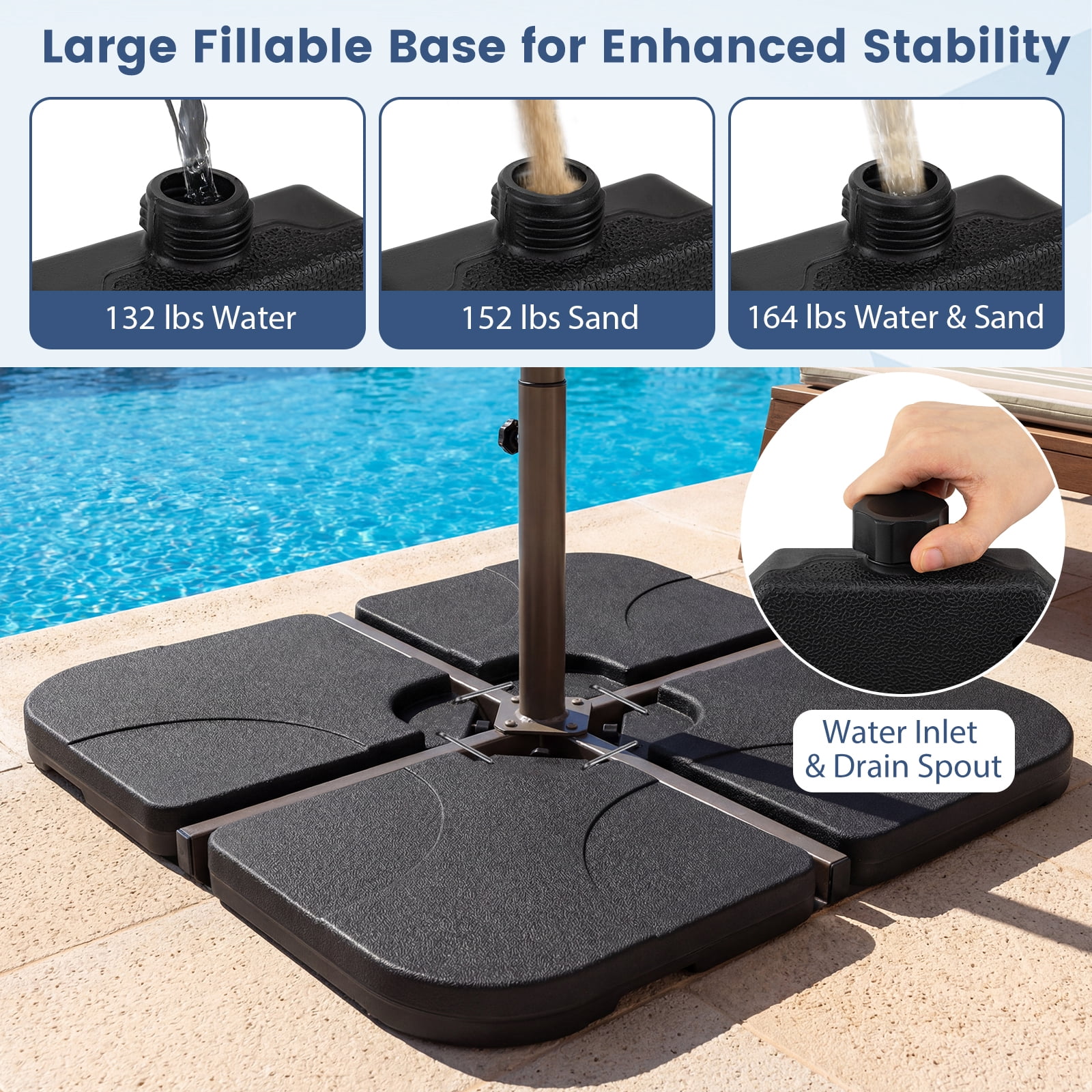 Patiojoy 4-Piece Heavy Duty Cantilever Umbrella Base 164 LBS/72 KG Square Patio Umbrella Stand with Easy-to-Fill Spouts
