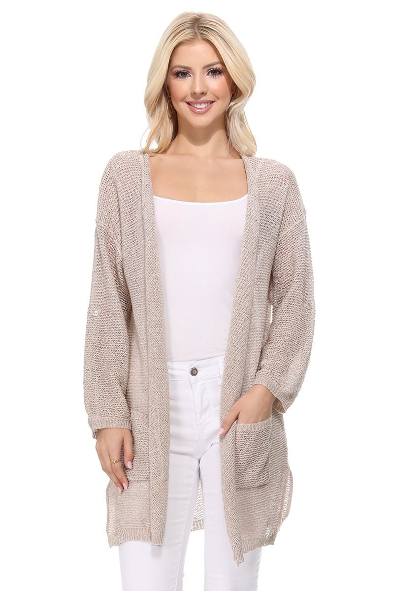 YEMAK Women's Knit Cardigan Sweater – Casual Roll Up Long Sleeve Open Front Sheer See Through Lightweight Soft with Pockets