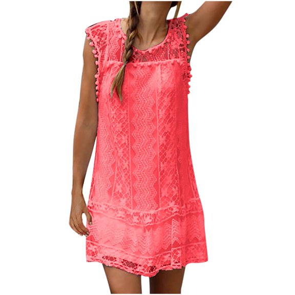 Rutainlusire Sleeveless Dress for Summer for Women Women's Slim Fit Summer Casual Fashion Lace Sleeveless Solid Color Ball Dress