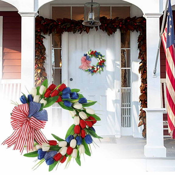 Huge Memorial Day Savings! Boovnll 20" Patriotic Wreath, Handcrafted Red White Blue Tulips Memorial Day Wreath, 4th of July Wreath for Indoor, Outdoor, Front Door, Wall Decor, 4th of July Decorations