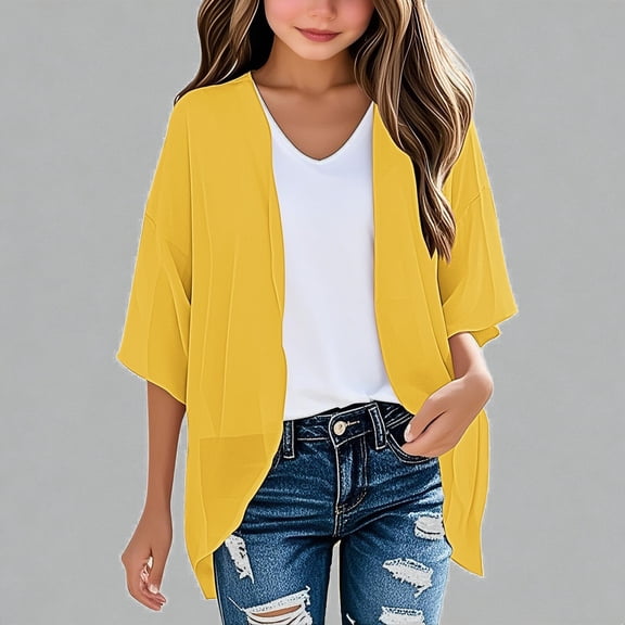 Krdevn Girls Solid Open Front Cardigan Lightweight Summer Beach Cover Up Top for Kids,5-6 Years