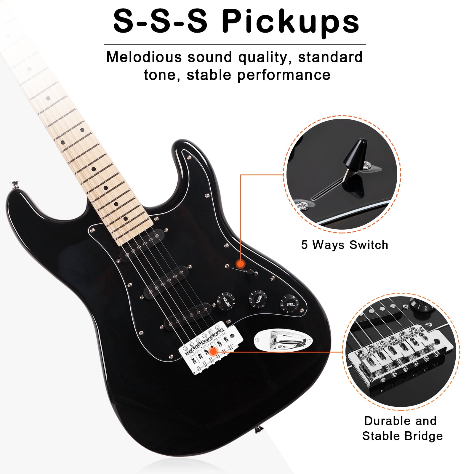 Glarry GST Electric Guitar Kit for Beginner, Full Size SSS for Starter with 20W Amp, Bag, Strap, Picks – Black