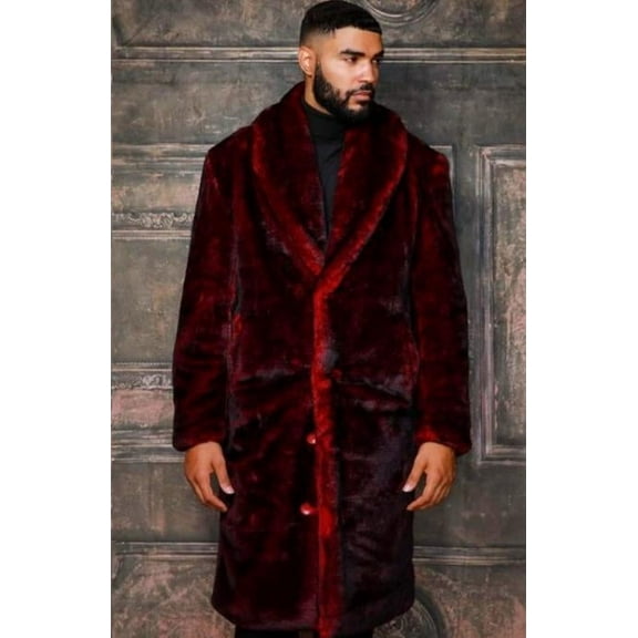 Mens Fashion Burgundy Black Faux Fur Overcoat