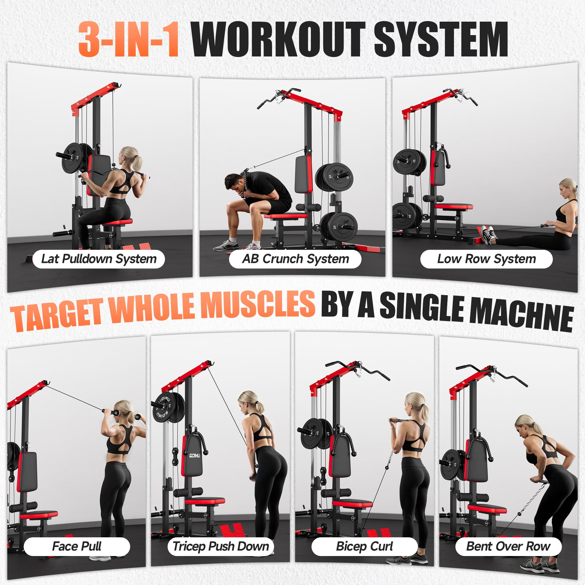 MITONOS 3 in 1 LAT Pulldown Machine,LAT Row Cable Machine with AB Crunch and Cable Row Attachments for Home Gym,High or Low Pulley Stations (Red)