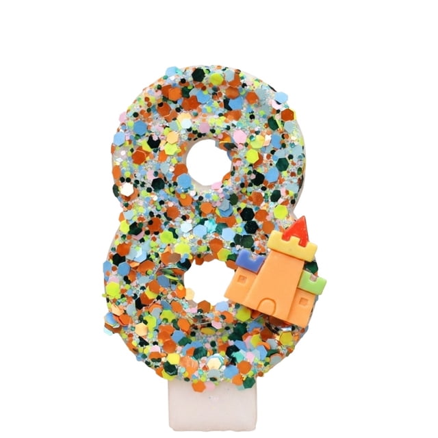 Fantasy Cake Topper, Medieval Birthday Decor, Colorful Confetti Number 8 Birthday Candle With Castle Figurine, Cake Topper for 8th Birthday Party Decorations, Confetti Castle Number 8