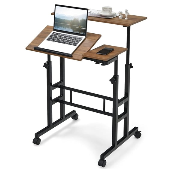 BoldGear Mobile Stand Up Desk, Height Adjustable Home Office Desk with Standing & Seating 2 Modes, Tilting Tabletop & Flexible Wheels, Rolling Laptop Cart Sit Stand Desk (Walnut)