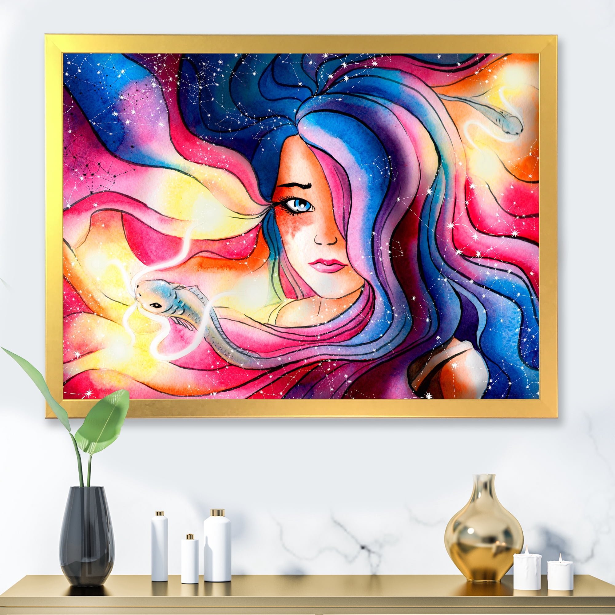 Designart 'The Girl Portrait With The Glowing Hair' Modern Framed Art Print