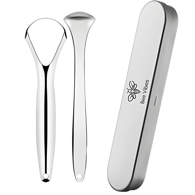 BEE VIBES Limpiador de Lengua Acero Inoxidable - Tallador limpia lenguas raspador bucal rastrillo de higiene oral, Stainless Steel Tongue Scraper Cleaner (2 Pack+ Estuche)