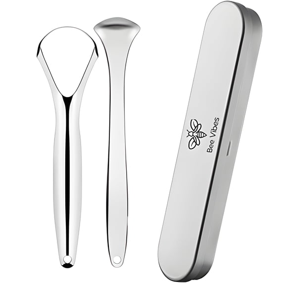 BEE VIBES Limpiador de Lengua Acero Inoxidable - Tallador limpia lenguas raspador bucal rastrillo de higiene oral, Stainless Steel Tongue Scraper Cleaner (2 Pack+ Estuche)