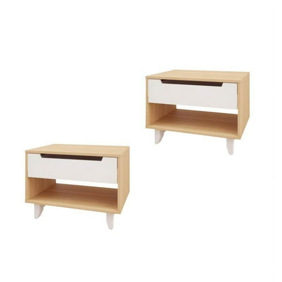(Set of 2) Modern 1 Drawer Night Stand White and Maple