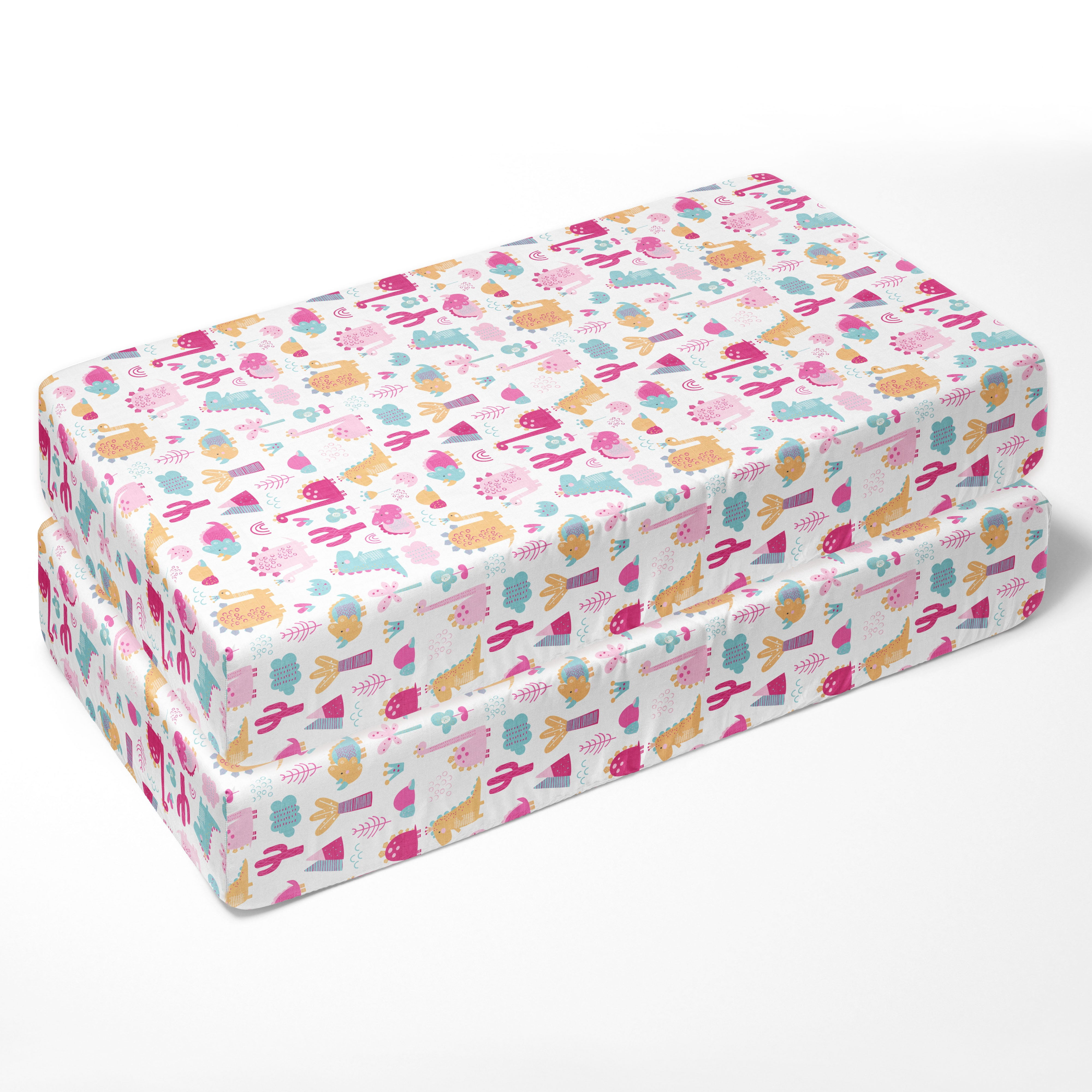 Bacati - Girls Little Dino Pink Fuchsia Orange Muslin Crib or Toddler Bed Fitted Sheet