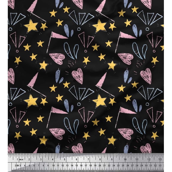 Soimoi Black Cotton Voile Fabric Flag & Heart Star Printed Craft Fabric by the Yard 42 Inch Wide