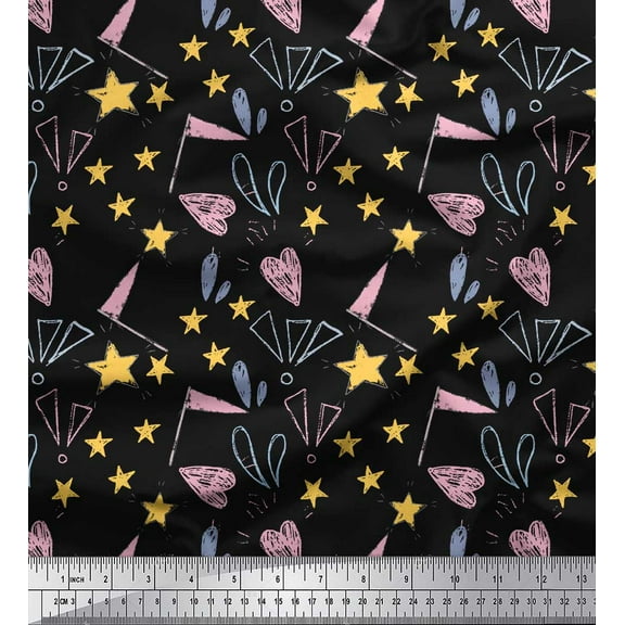 Soimoi Black Cotton Voile Fabric Flag & Heart Star Printed Craft Fabric by the Yard 42 Inch Wide