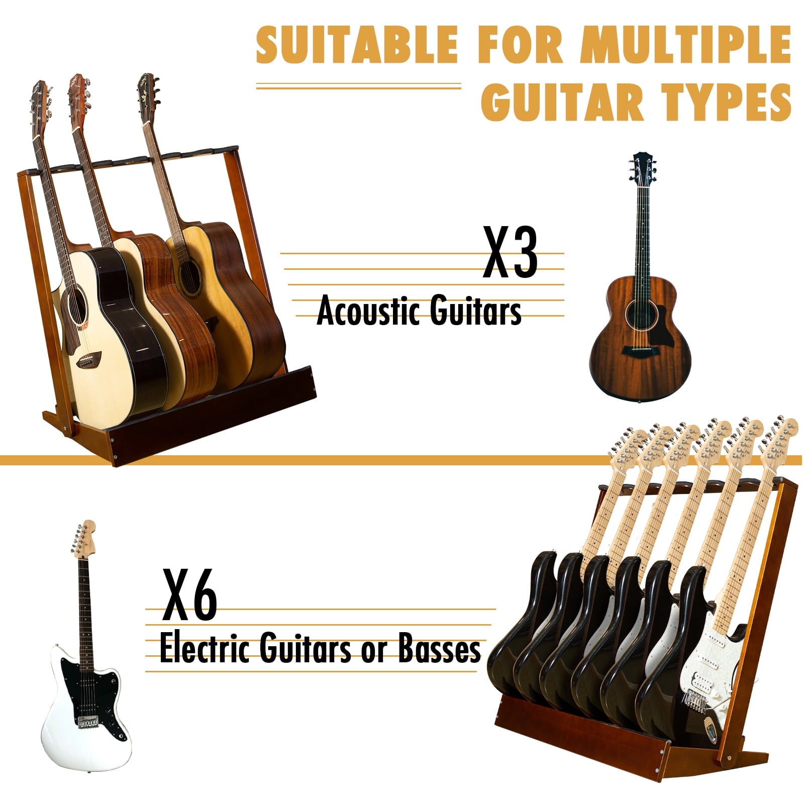 Guitar Rack for Multiple Guitars, Hardwood Guitar Stand Folding Guitar Floor Rack, Soft Padded Guitar Display Holder, for 6 Electric or Bass Guitars, or 3 Acoustic Guitars for Home, Studio, Stage
