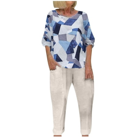 

Dadaria 2 Piece Outfits for Women Pants Sets Going Out Two Piece Printed Half Sleeve Round Neck Tops Solid Long Pants Blue L Female