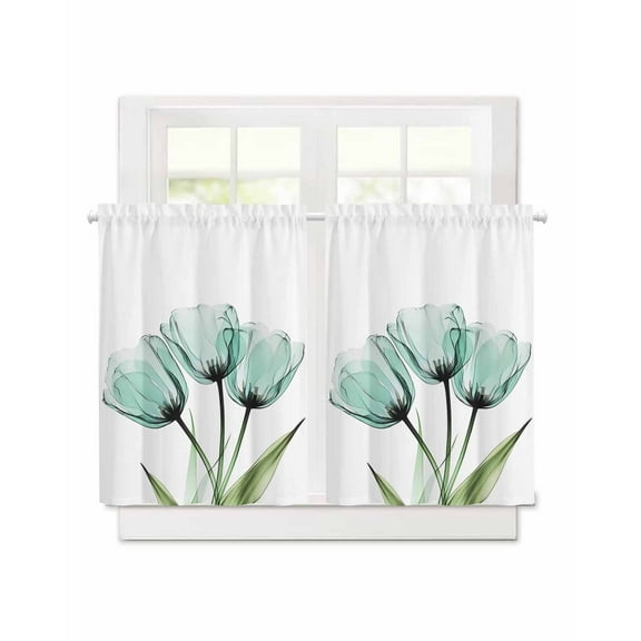 Teal Floral Short Blackout Curtains 36 Inch Long Teal Tulips Green Leaf Watercolor Plant Rod Pocket Kitchen Curtains, 2 Panels Thermal Insulated Room Darkening Drapes for Bedroom, 30"W x 36"L