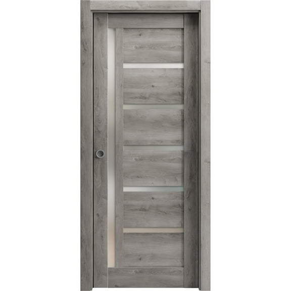 Sliding French Pocket Door 28 x 80 inches | Quadro 4088 Nebraska Grey with Frosted Glass | Kit Trims Rail Hardware | Solid Wood Interior Bedroom Sturdy Doors