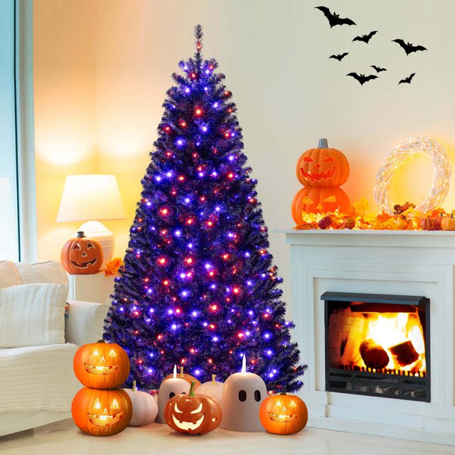 Costway Árbol de Halloween de 210 cm Árbol de decoración artificial con 1040 puntas de ramas 6 modos de iluminación