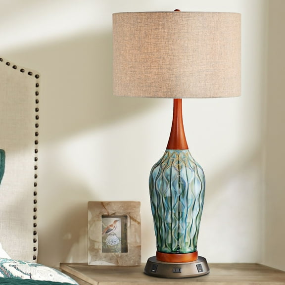 360 Lighting Mid Century Modern Table Lamp with USB and AC Power Outlet Workstation Charging Base 30" Tall Blue Ceramic Bedroom (Color May Vary)
