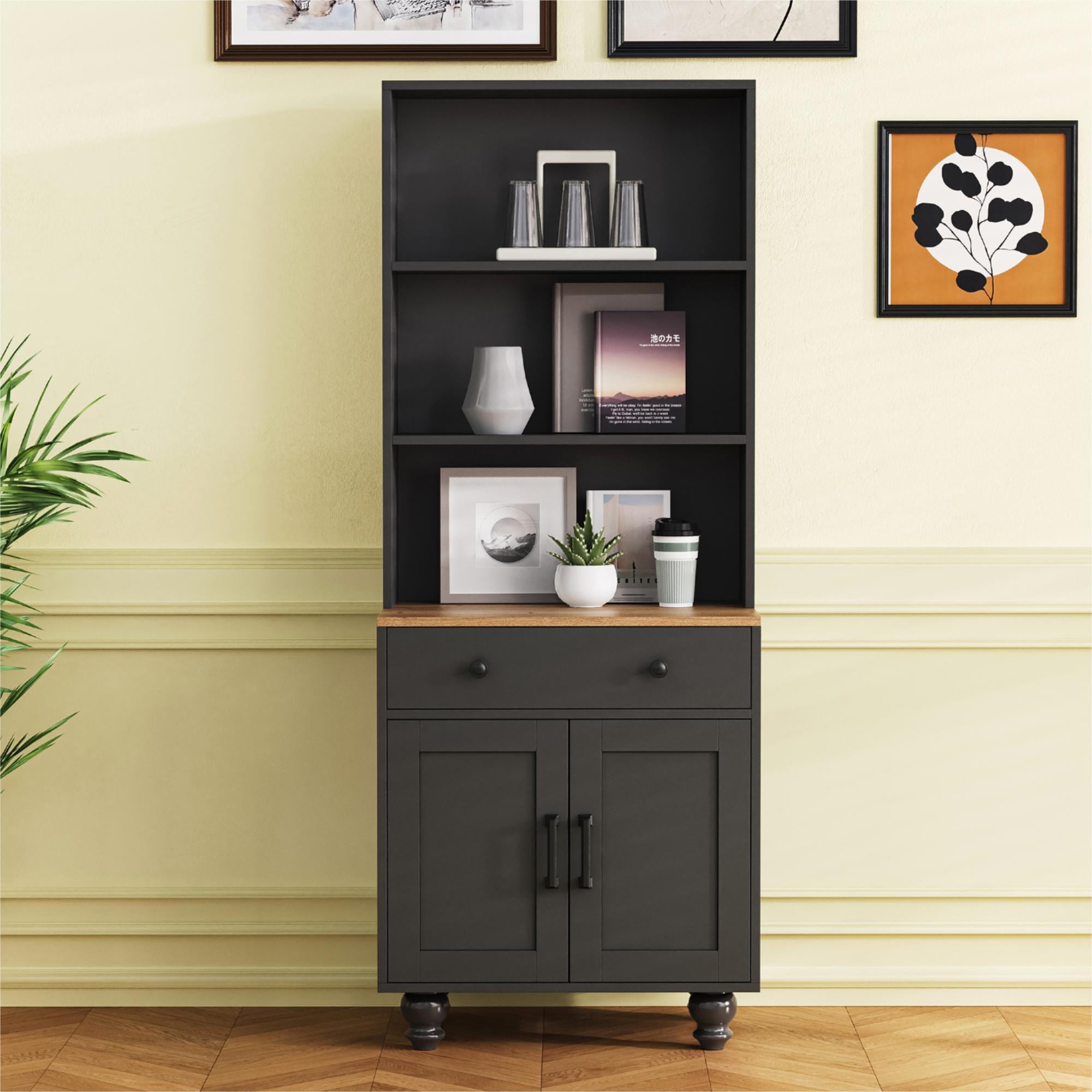 Leumius 63" Farmhouse Tall Kitchen Pantry,5 Layers Storage Cabinet with Adjustable Shelves,Modern Pantry Cabinet with Drawer for Kitchen, Dining Room, Bathroom, Living Room,Black