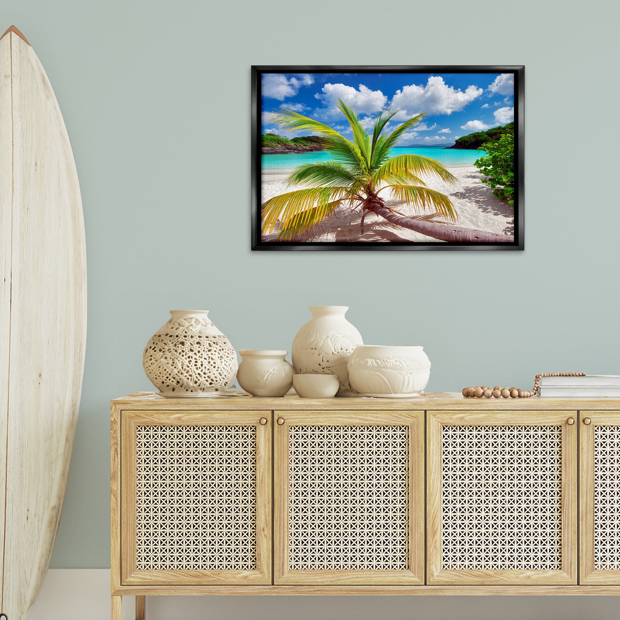 Stupell Industries Palm Tree Across Beach Coastal Photography Black Floater Framed Canvas Art Print Wall Art, 31 x 21