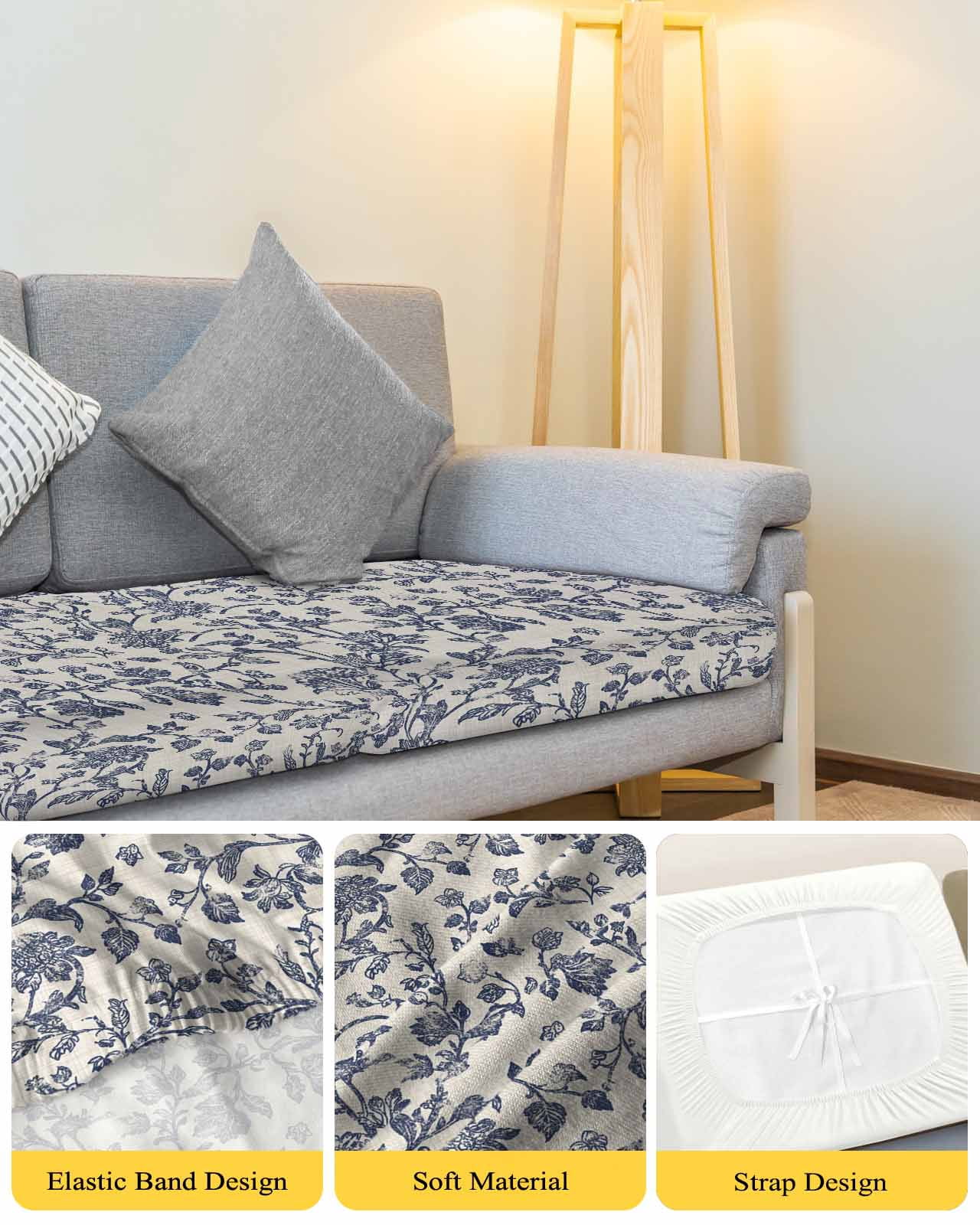 Blue Floral Leaf Couch Cushion Covers Stretch, Washable Sofa Seat Covers Individual Seat Cushion Sofa Slipcovers Retro Farmhouse Plant Tree Branch Couch Cover Furniture Protector S-1PCS