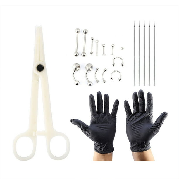 Juego de 20 piercings para lengua, nariz, ombligo, piercings, pinzas, guantes, agujas, kit de herramientas