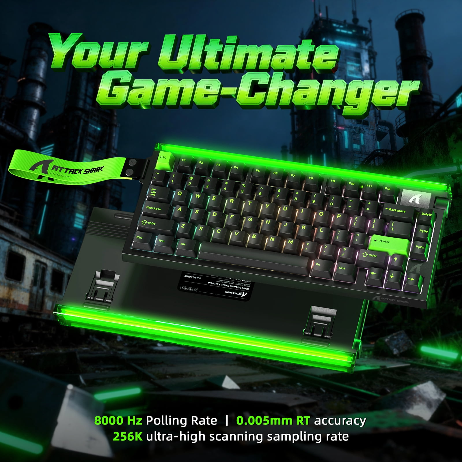ATTACK SHARK R85 HE 75% Magnetic Wired Gaming Keyboard, 8KHz Polling Rate, Hall Effect Hot Swappable Switches, RGB Light Bar, Volume Knob, PC/Mac Compatible, Green