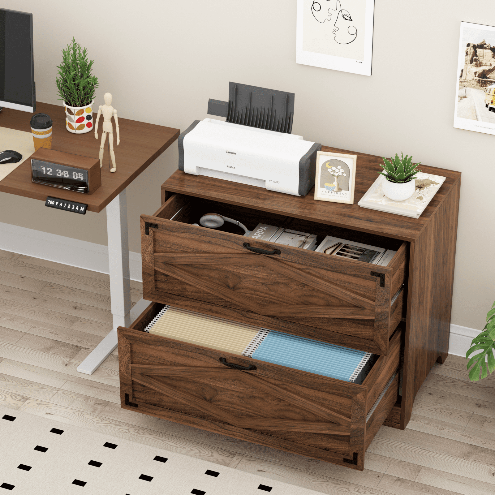 RichYa 2 Drawer Wood Lateral File Cabinet, Large Filing Cabinet for Home Office, Fits A4/Letter Size Files, Brown