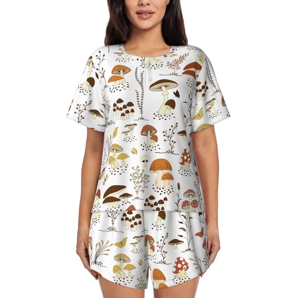 Balery Mushrooms And Butterflies Conjunto de Pijama para Mujer con Estampado, Dos Piezas de Manga Corta y Shorts, Ropa de Dormir Suave con Cuello Redondo y Bolsillos-3X-Large
