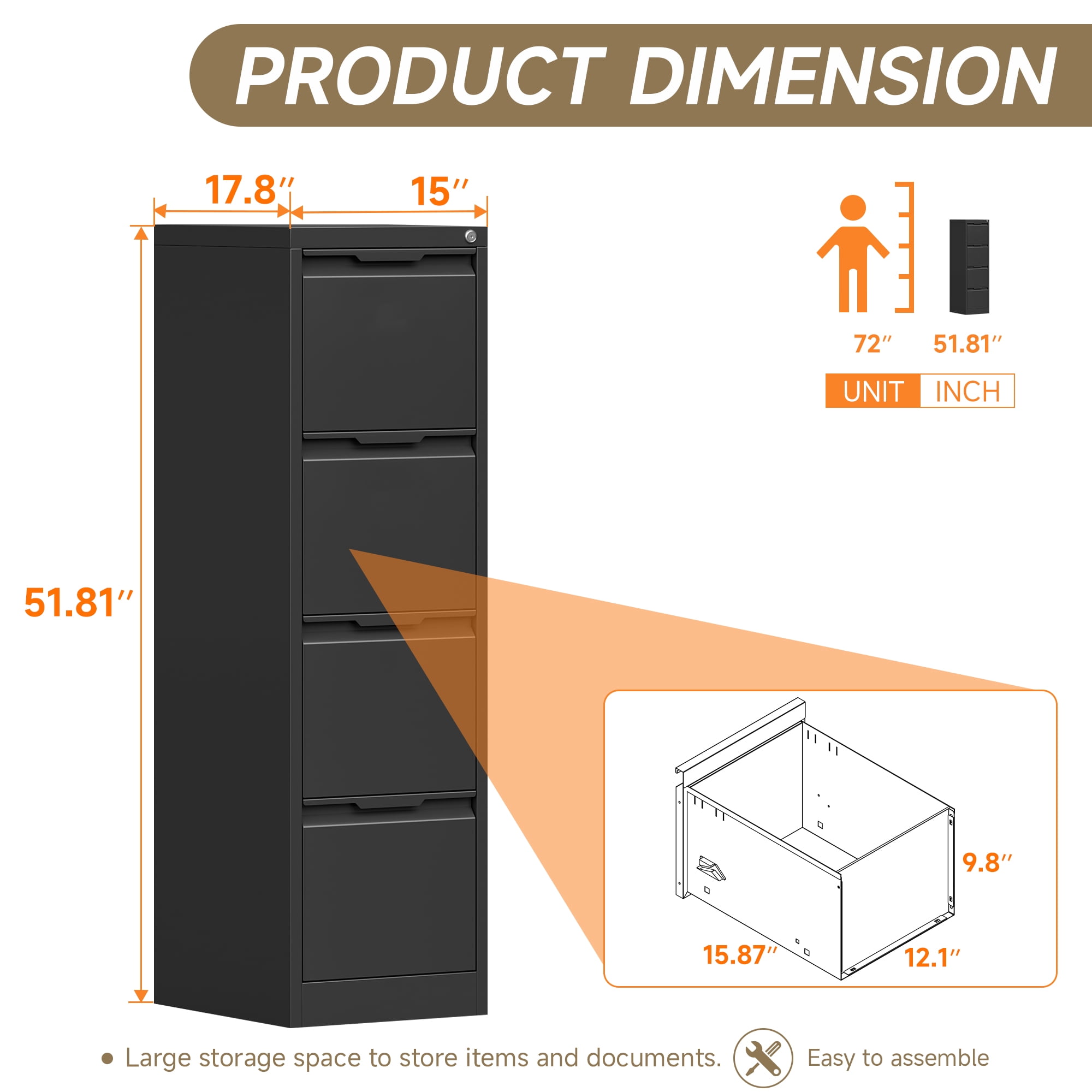 4 Drawer File Cabinets with Lock, Small Filing Cabinets for Home Office, Metal Vertical File Cabinets, Under Desk File Cabinet Organizer for Legal/Letter Size File, Easy Assembly