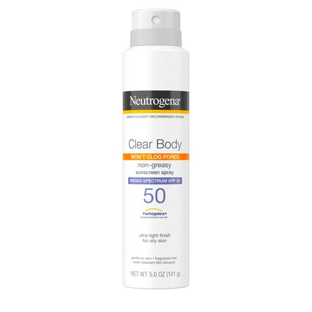 Neutrogena Clear Body SPF 50 Body Sunscreen Spray, Broad Spectrum, Non-Comedogenic, 5 oz