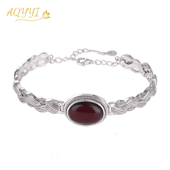 AQYYI 925 Silver Plated Bracelet, Vintage-Oxidized Oval Red Design, Vintage Bohemian Style, Stackable Women's Jewelry