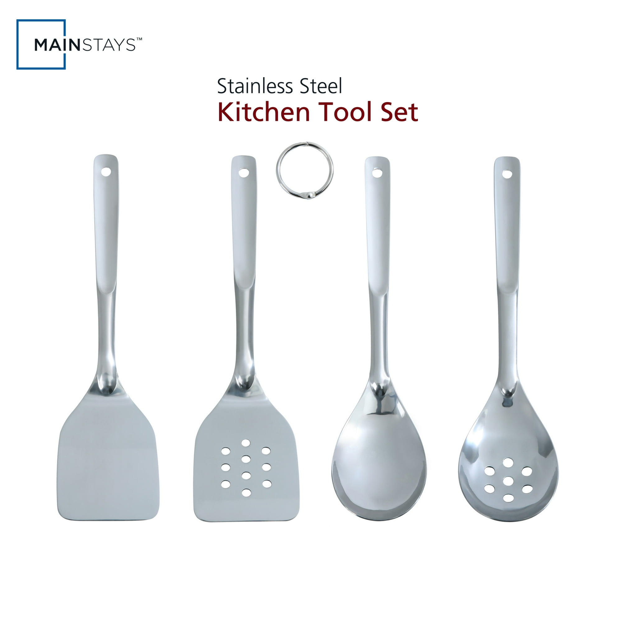 Mainstays Stainless Steel 4-Piece Utensil Set: Includes Slotted Turner, Solid Turner, Spoon, and Slotted Spoon
