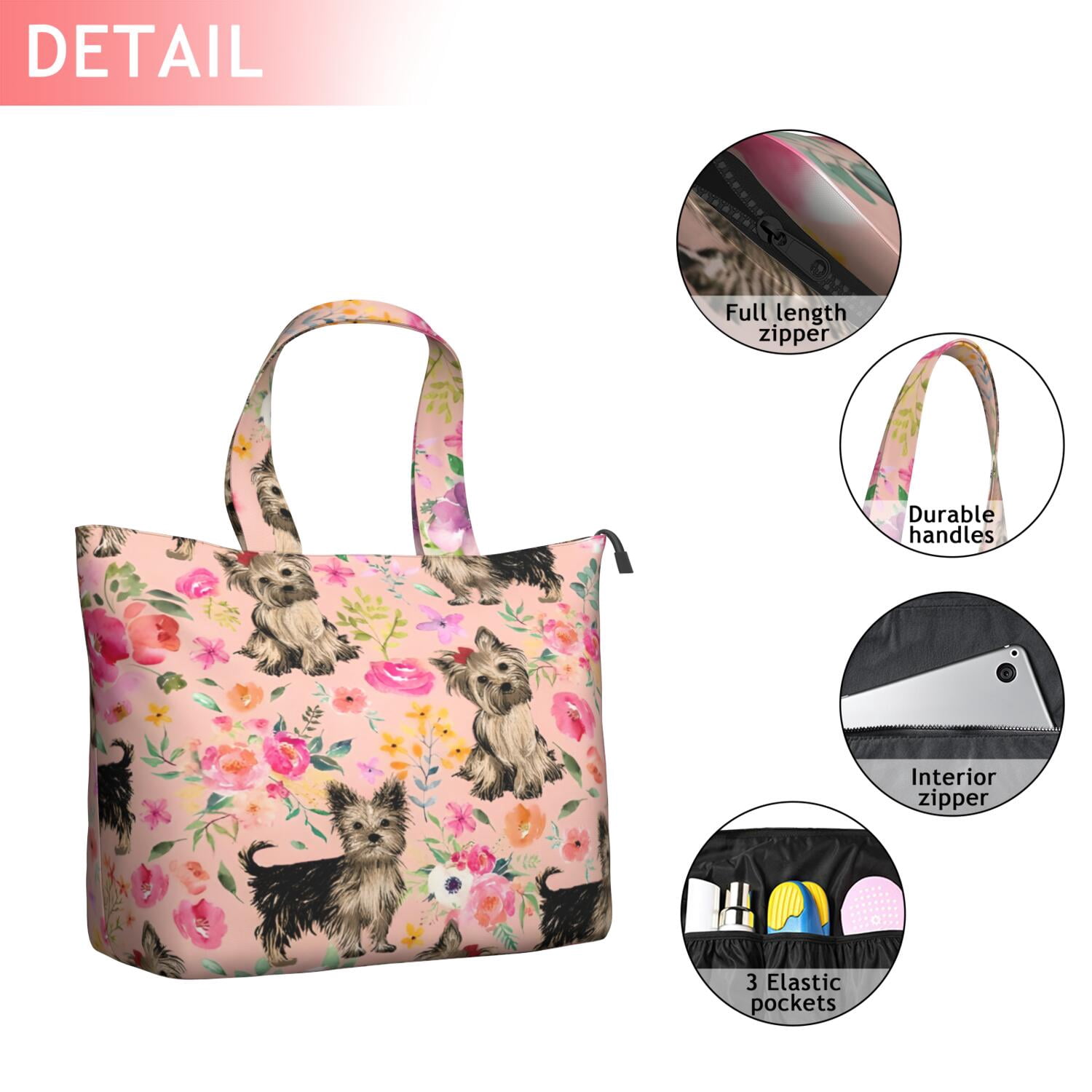 Yorkie Dog and Flower Florals Travel Tote Bags for Women Carry On,Large Weekender Bags for Women Travel,Multi Functional Duffle Bag for Work,Shopping,Sports