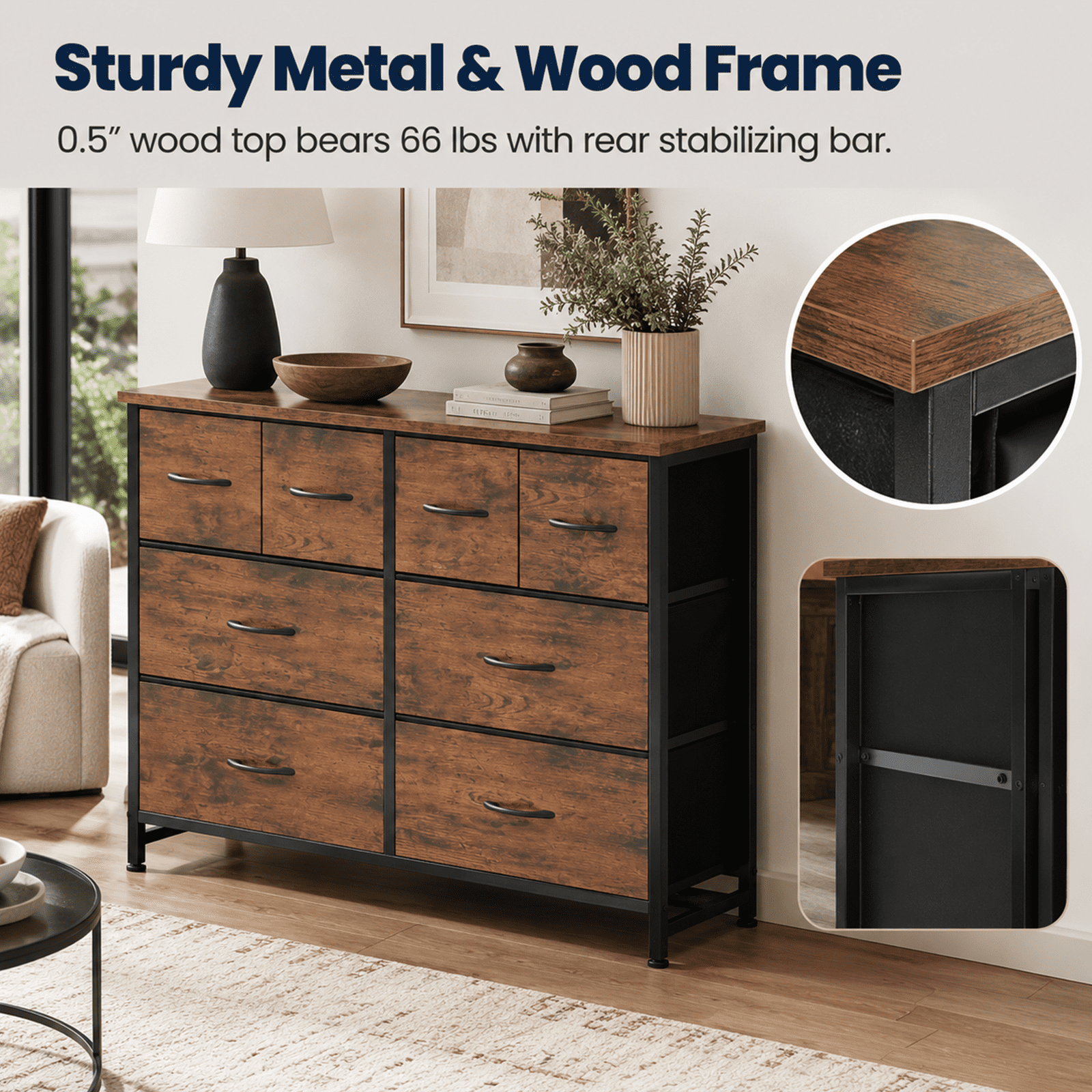Alvantor Dresser for Bedroom with 8 Drawers, Fabric Dressers Storage Tower with Steel Frame Wood Tabletop, Storage Cabinet, Hallway, Closets