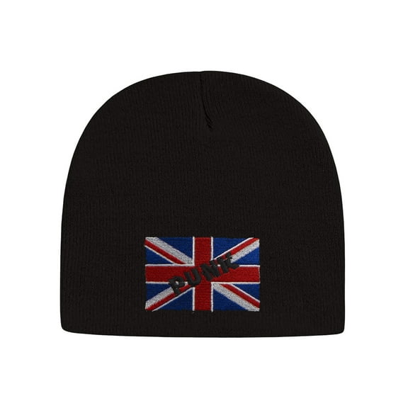 Mens Womens Punk United Kingdom GB Embroidered Black Cuffless Knit Beanie