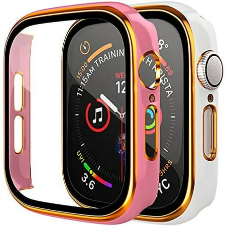 [2 Pack] Compatible with Apple Watch 38mm Case, Full Coverage Bumper Protective Case with Tempered Glass Screen Protector for Men Women iWatch Series 3/2/1, Pink, White