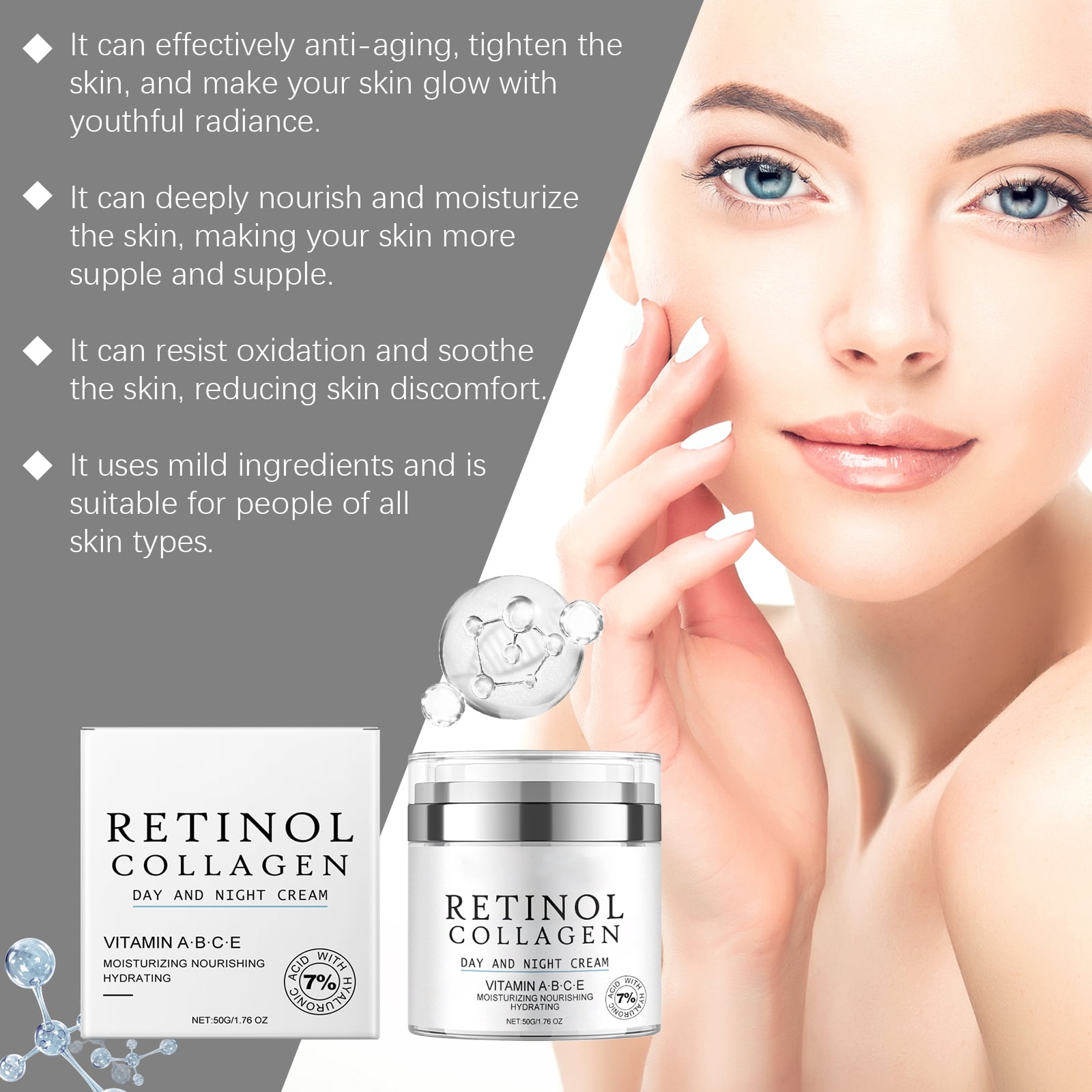 Alvantor Retinol Collagen Face Cream, Skin Tightening for Fine Lines & Wrinkles, Day & Night Use, 1.76oz