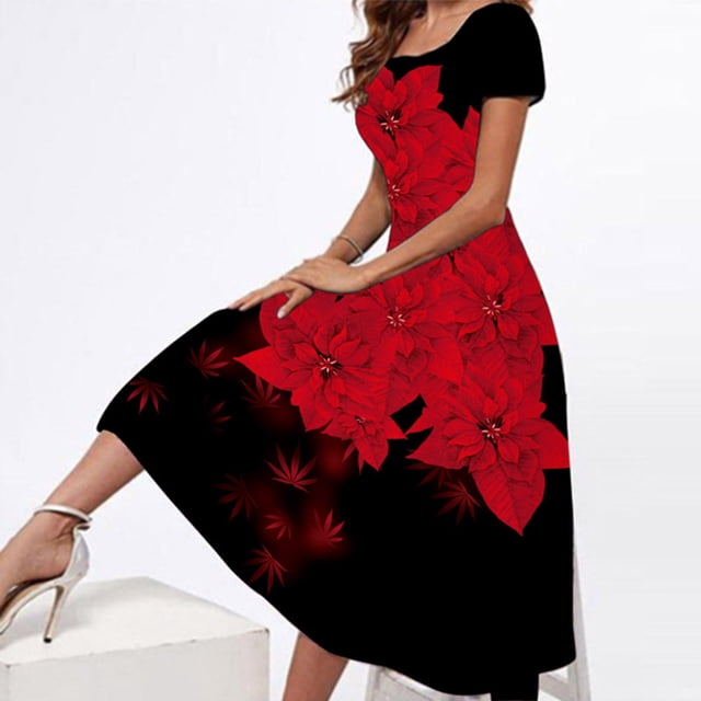 SMihono Robe Maxi Bohème d'Été pour Femmes Grande Taille Robe à Manches Courtes Col Rond Décontractée Mode Fête Quotidienne Élégante Imprimée Robe de Plage
