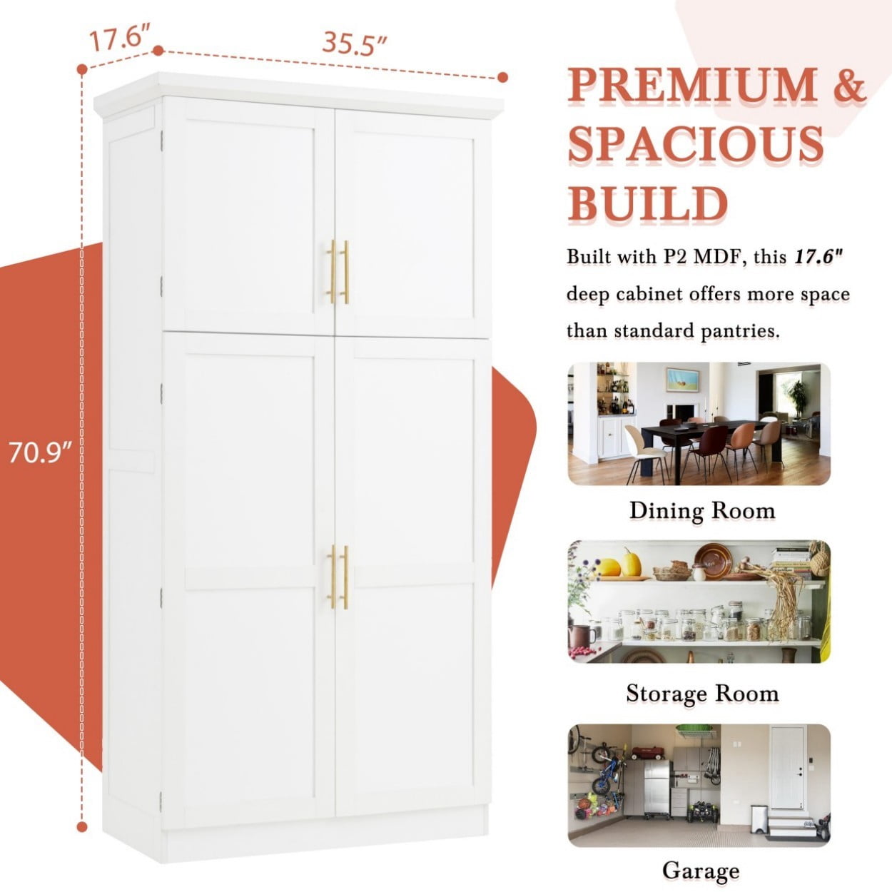 Freestanding Kitchen Pantry Cabinet, 35.5" Tall Storage Cabinet with 4 Doors, 8 Pull-Out Trays, Adjustable Shelves & Door Storage for Dining Room, White