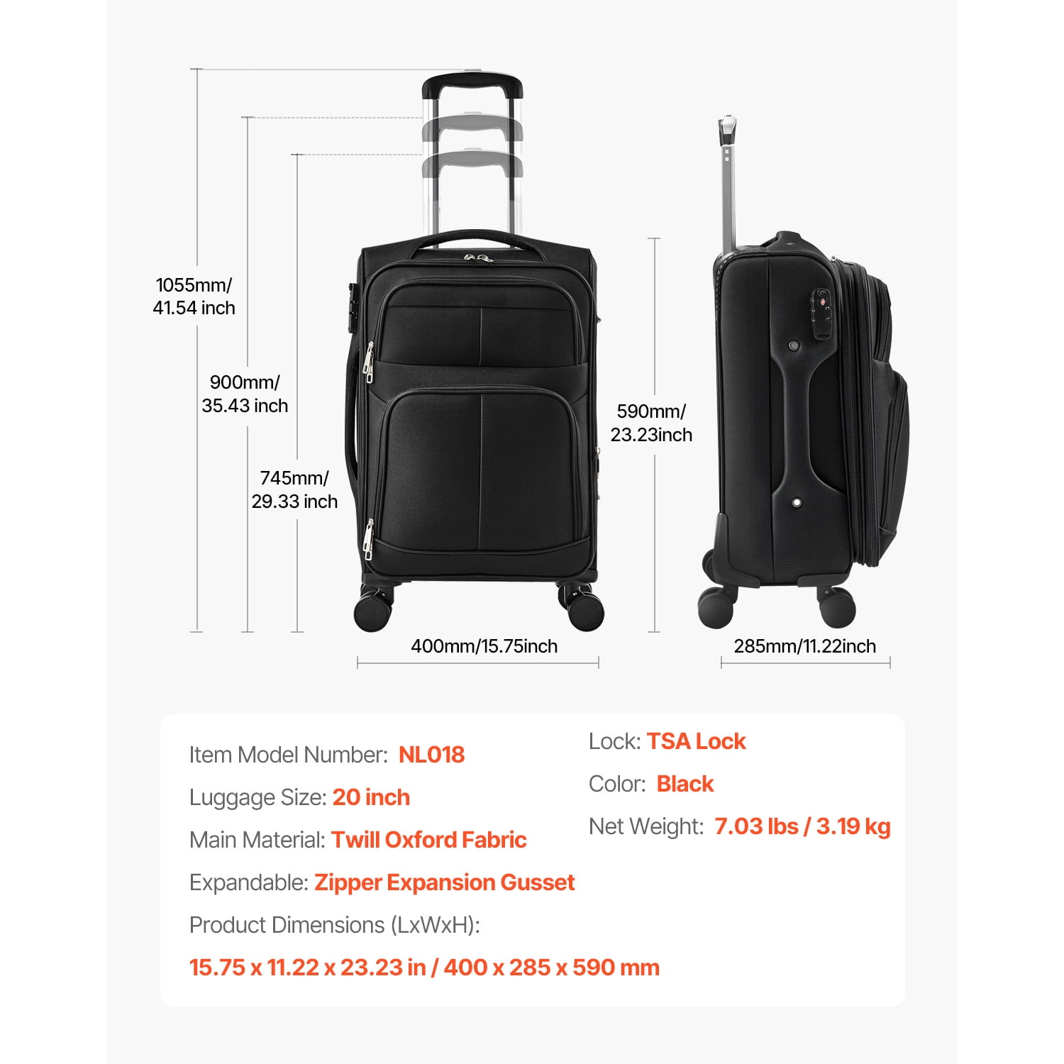 KFFKFF Softside Expandable Spinner Luggage 20" Checked Softside Spinner Luggage with Expandable Zippered Pocket and TSA Lock