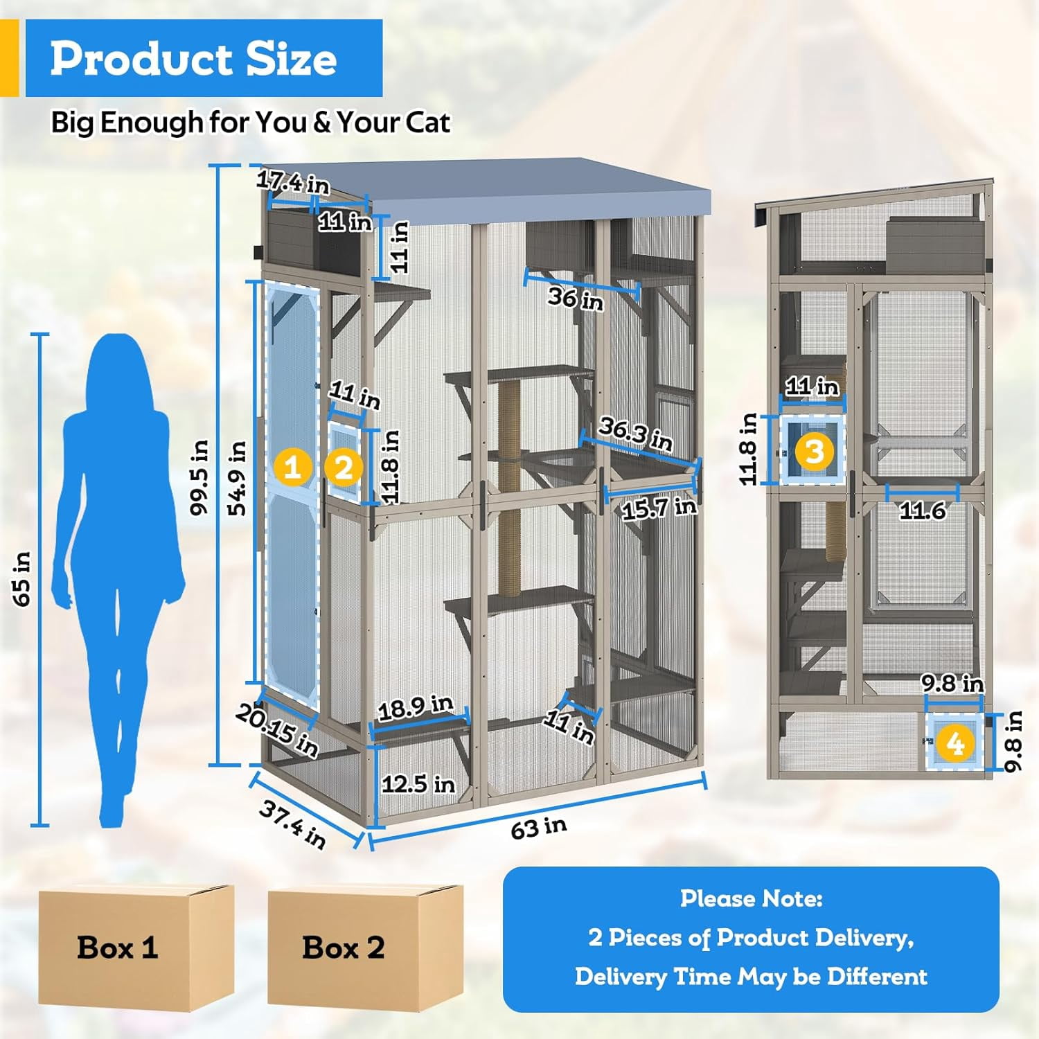 99.5" Extra-Tall Outdoor Cat Enclosure, Window-Attached Catio with 8 Platforms & Bug-Proof Mesh, Large Wooden Cat House, Grey