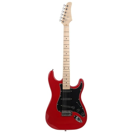 39 Inch Right Handed Electric Guitar Kit, Full Size Basswood Electric Guitar with Black Pickguard, 20W Amplifier, Gig Bag, Strap, Plectrum, Complete Beginner Guitar Set, Red