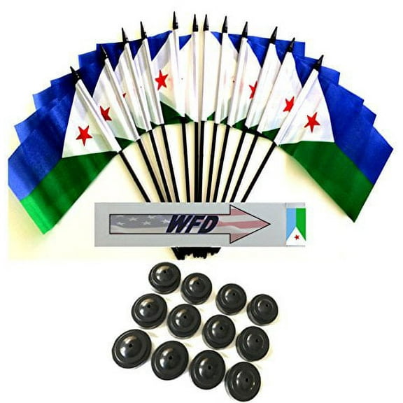 Pack of 12 4"x6" Djibouti Polyester Miniature Office Desk & Little Table Flags, 1 Dozen 4"x 6" Djibouti Small Mini Handheld Waving Stick Flags with 12 Flag Bases (Flags with Stands)