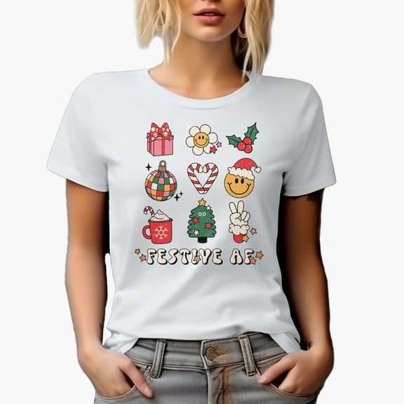 Festive AF, 90s Retro Christmas Art Merch Gift, White T-Shirt, Small