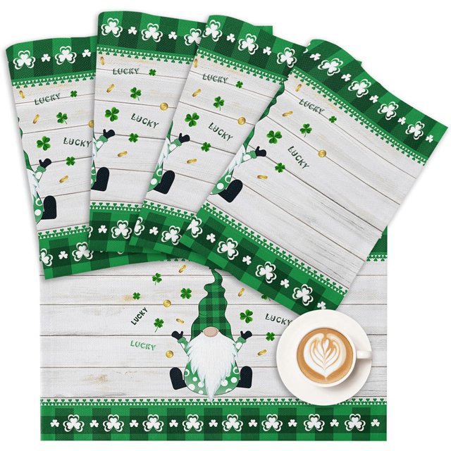 Ensemble de 4 Napperons Gnomes Trèfle, Carreaux Verts Irlandais en Coton Lin Résistant à la Chaleur Lavable Décorations de Printemps pour Cuisine Table à Manger