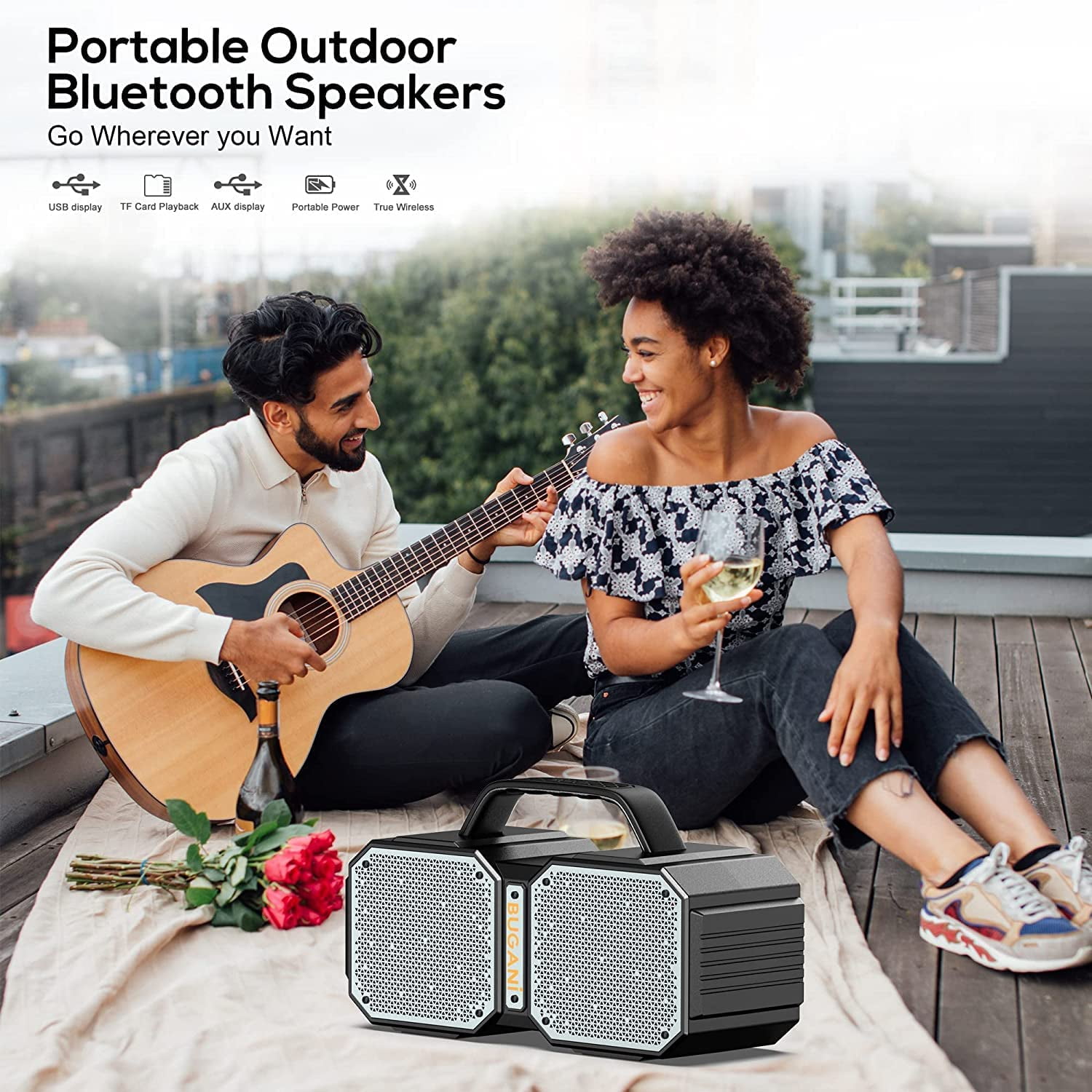 BUGANI Bluetooth Speakers, M83 Speaker IPX6 Waterproof Portable Large Wireless Speaker, Bluetooth 5.2,50W Big Power, 24H Playtime, Suitable for Family Gatherings and Outdoor Bluetooth Speaker Black